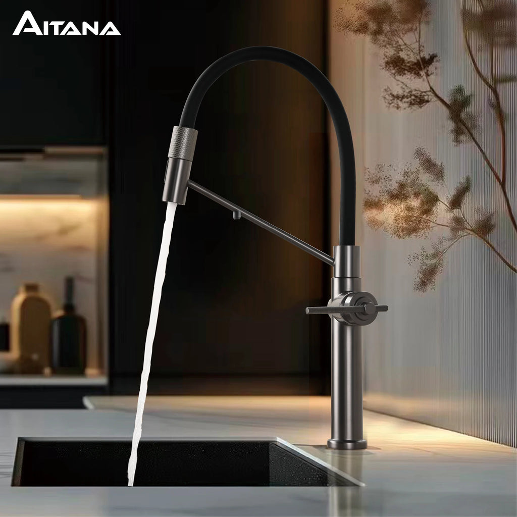 Modern Gun Grey Brass 3-in-1 single hole Kitchen faucet separate Filter Water Tap。Pull out sprayer  Hot&cold Sink mixer tap