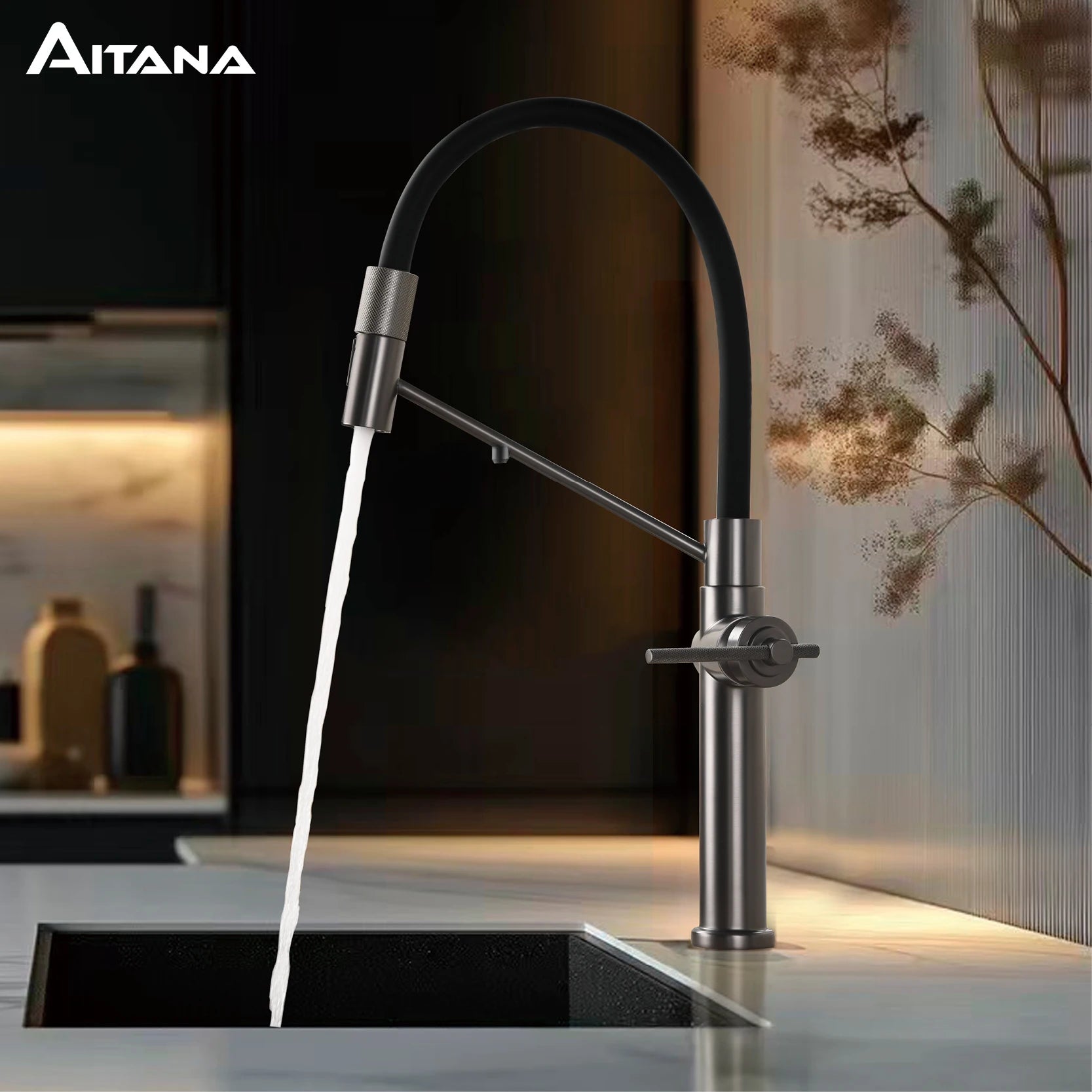 Modern Gun Grey Brass 3-in-1 single hole Kitchen faucet separate Filter Water Tap。Pull out sprayer  Hot&cold Sink mixer tap
