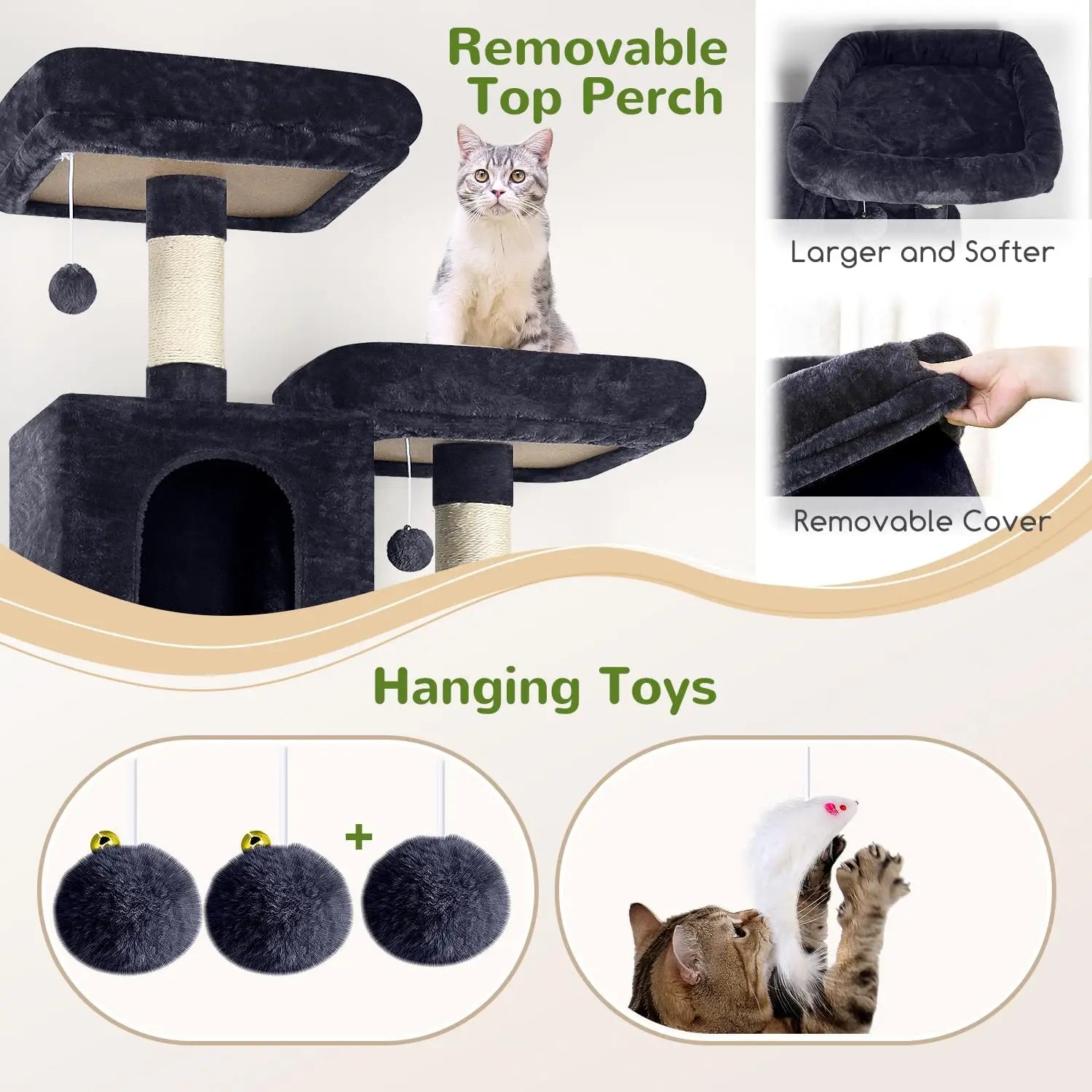 76-Inch Tall Cat Tree Tower with Condos, Hammock & Perches for Adult Cats - Multi-Level Furniture for Climbing & Play