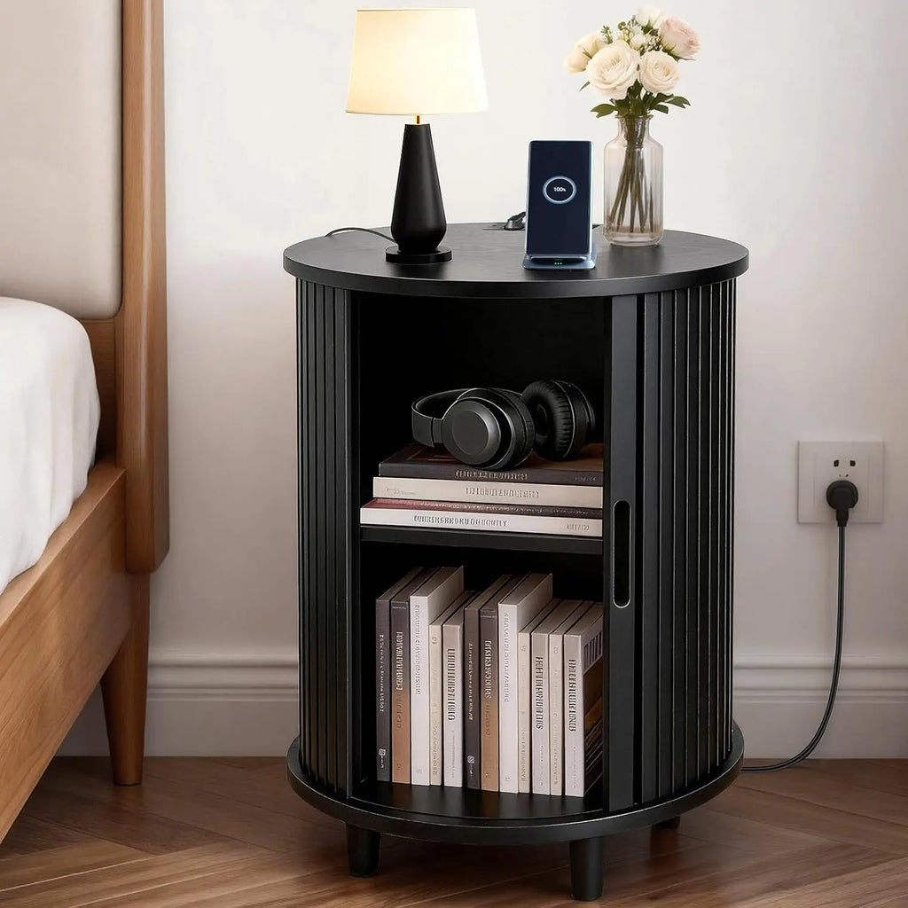 Round End Table Storage Charging Station Fluted Nightstand Small Spaces, Customized