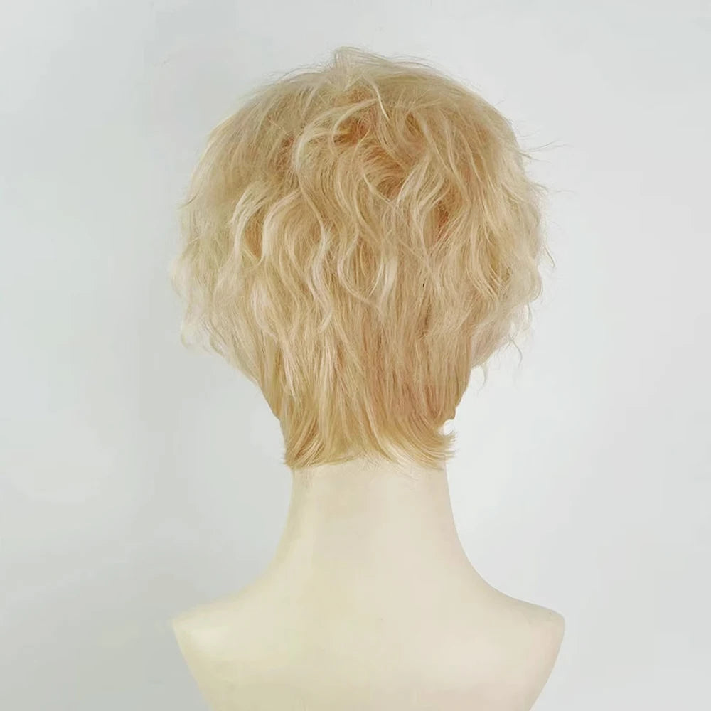 Men Short Wavy Curly Synthetic Blonde Wig with Bangs Fluffy Cosplay Hair Heat Resistant Wig for Daily Party