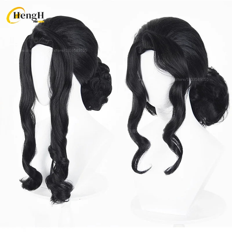 In Stock Anime Kibutsuji Muzan Female Short 38cm Black With Bun Cosplay Wig Heat Resistant Synthetic Hair Halloween Party Wigs