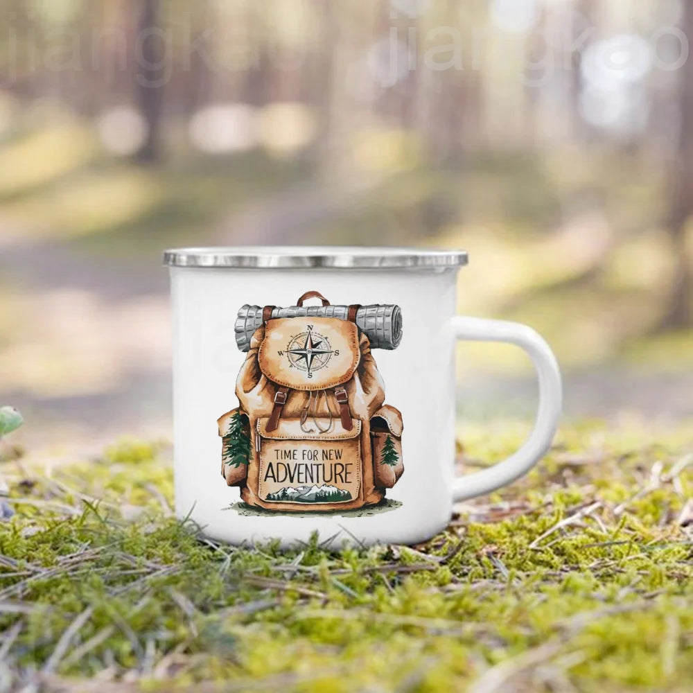 Time for New Adventure Printed Camper Mugs Camping Enamel Mug Campfire Party Beer Juice Cup Mountain Handle Cups Gift for Camper