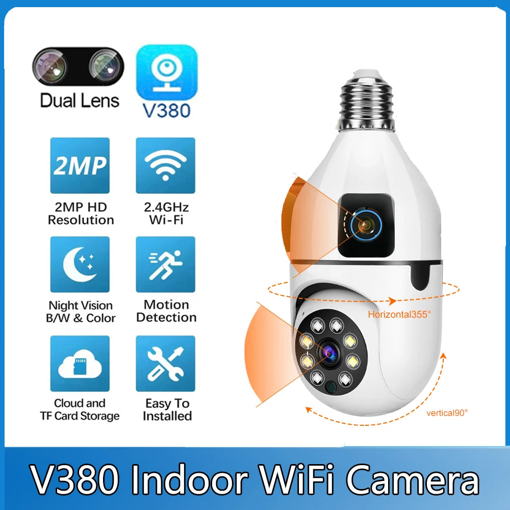 V380 Pro Dual Lens Dual Screen E27 Bulb Camera Smart Home Security Pet Monitor CCTV Wireless Indoor Camera Baby Monitor
