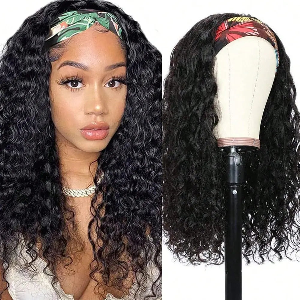 Water Wave 40 Inch Headband Wig Human Hair, Curly Glueless None Lace Front Wigs for Women, 250% Density Natural Looking Hair