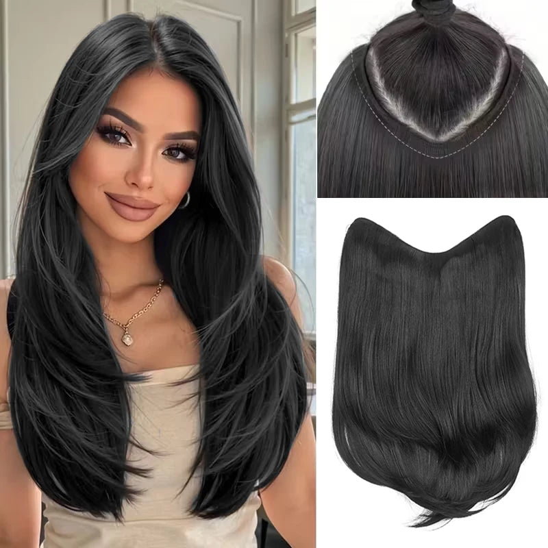 16Inch Synthetic Long Straight V-Shaped Hair Extensions 4 Clips Black Brown Hairpiece for Adding Volume Women Daily Party Use