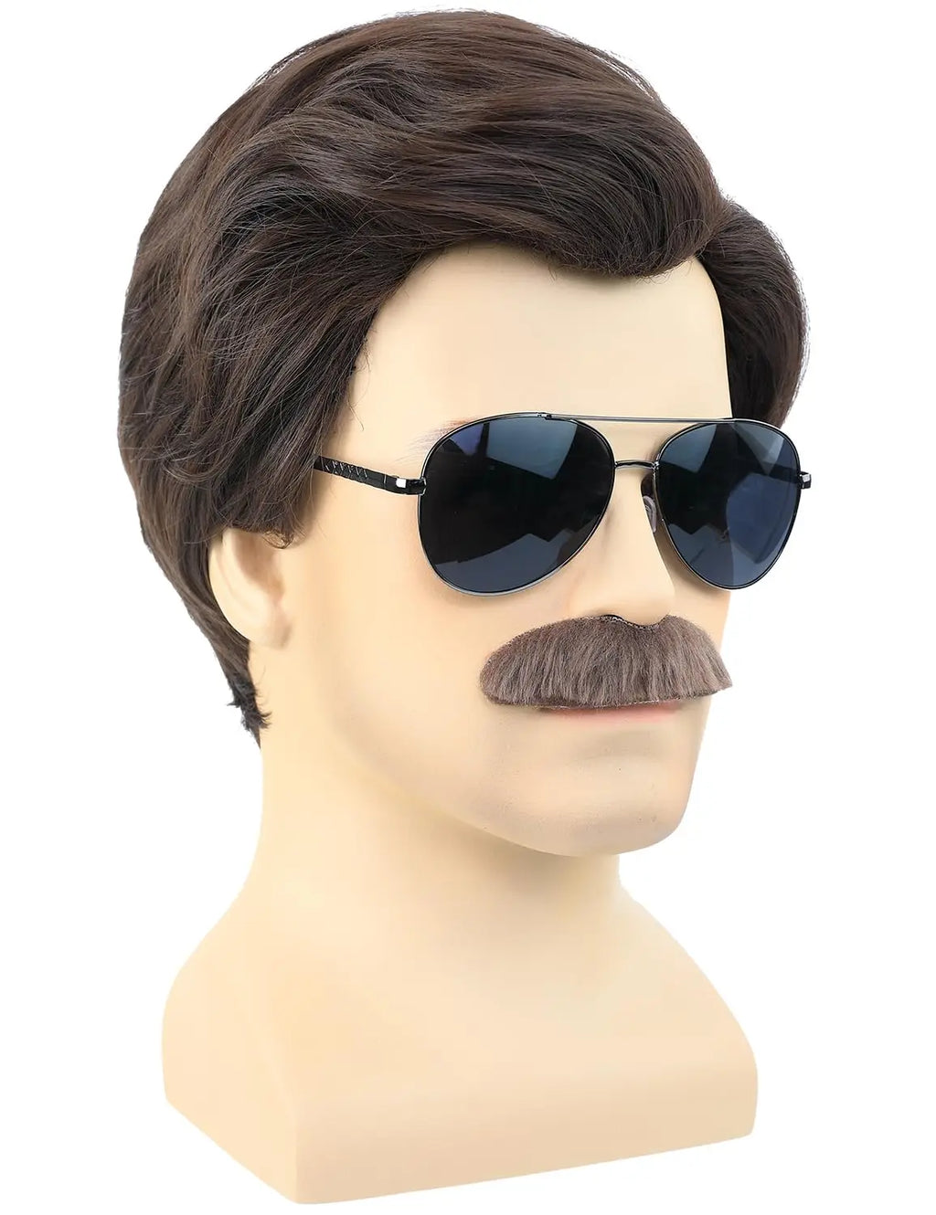Synthetic Short Brown Men Wig with Msutache and Sunglasses for 70s 80s Costume Cosplay Halloween Party, Ted Lasso Cosplay Wig