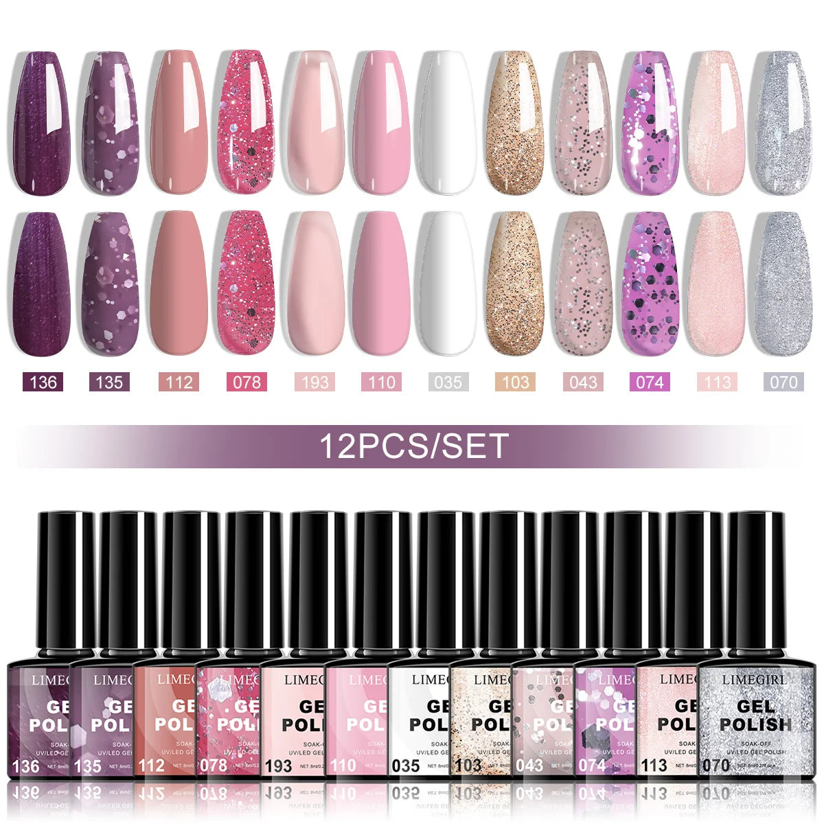 Nail Gel Polish Set 12PCS 8ML Long-lasting High Gloss Semi Permanent Glitter Art Nails Varnish for Manicure   Art Salon Creation