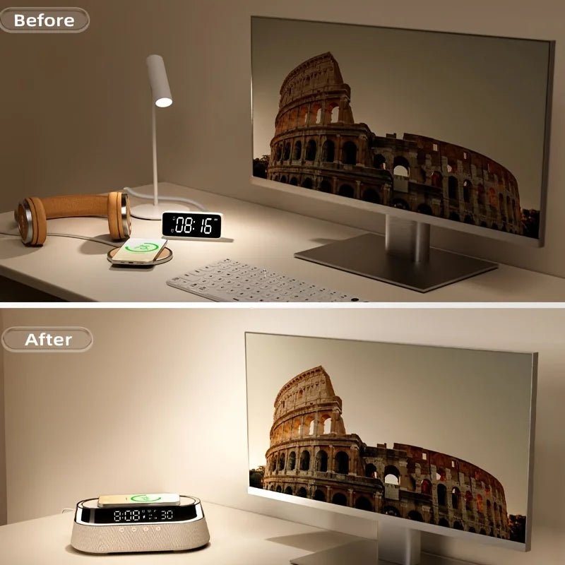 Aretelo 6-in-1 Bedside Wireless Charging Clock, 12/24H Multi-Mode Digital AlarmClock, FM Radio, Bluetooth Speaker, Smart Night L