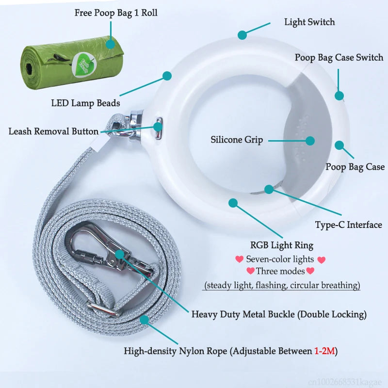 2M Pet Dog Leash with Flashlight LED Roulette Nylon Rope for Small Medium Large Dog Collar Extension Harness Puppy Walking Lead