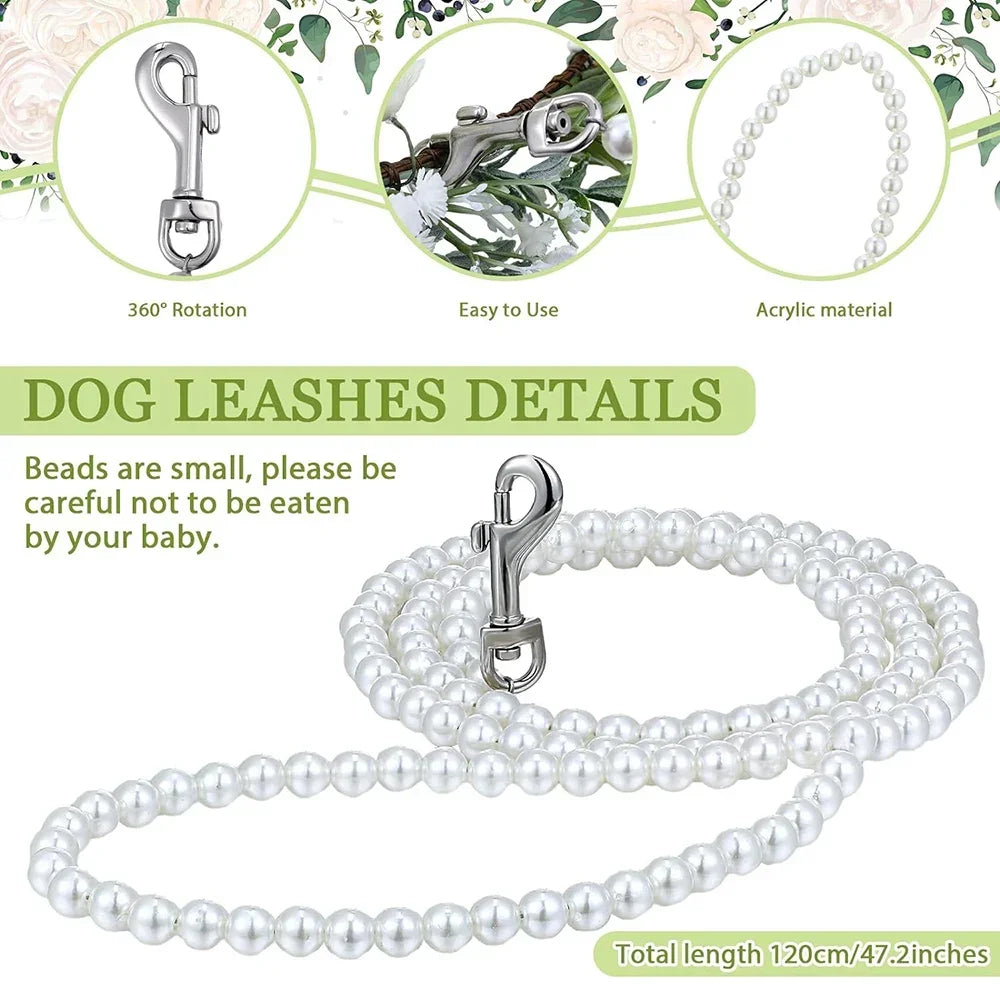 Dog Flower Collar and Leash Set for Dogs 120 cm Pearls Beaded Dog Leash Dog Collars for Wedding Attire Wreath Pet Photo Prop