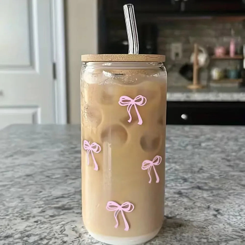 500ml Cute Bow Mason Jar Glass Tumbler with Lid and Straw for Iced Coffee Juice Party Gift Reusable Cup