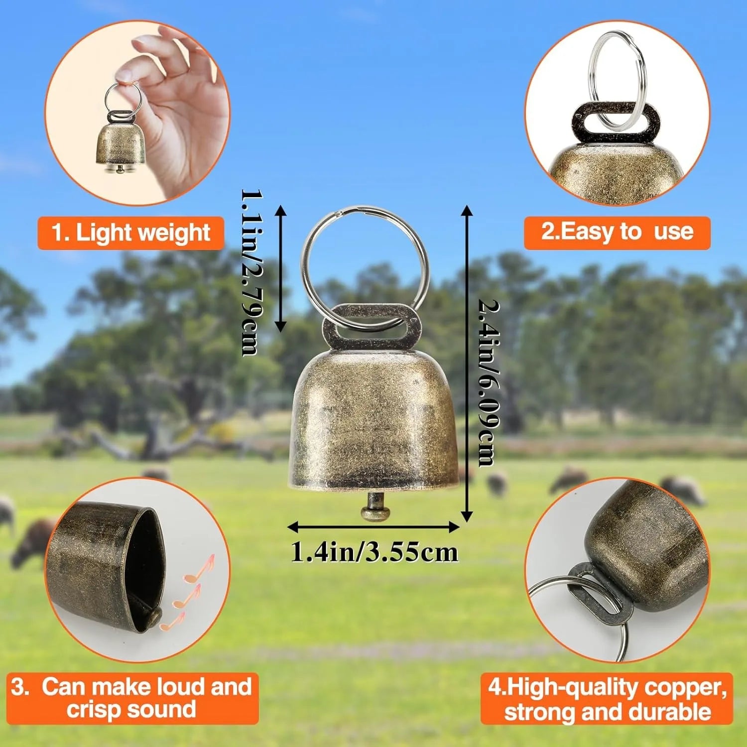 Goat Collars with Bells, Adjustable Nylon Collar Set, Horse Sheep Cow Grazing Copper Bells Pet Anti-Lost Bronze Bell for Animal