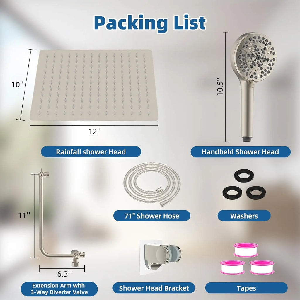 12" All Metal High Pressure Shower Head Combo with 10-Spray Settings, Rainfall Head, Adjustable Arm & Hose