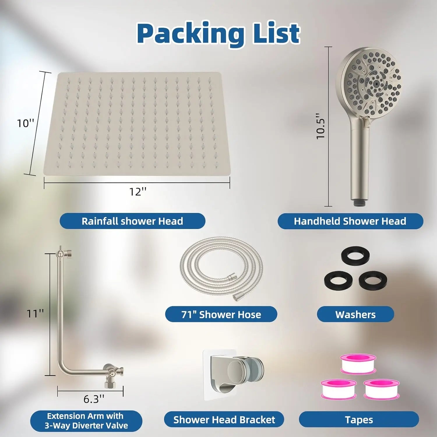12" All Metal High Pressure Shower Head Combo with 10-Spray Settings, Rainfall Head, Adjustable Arm & Hose