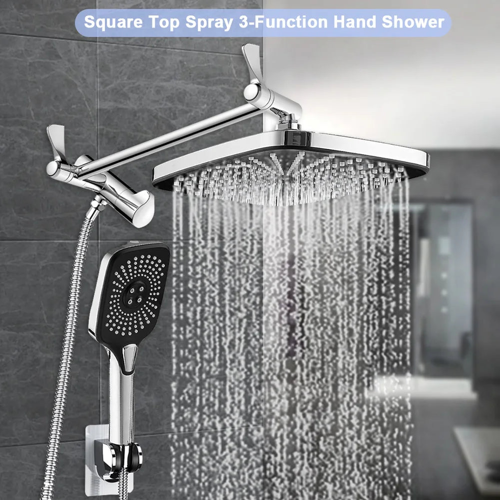 12Inch High Pressure Rainfall Shower Head/Handheld Shower Combo with Extension Arm Shower Head with Holder/Hose Angle Adjustable