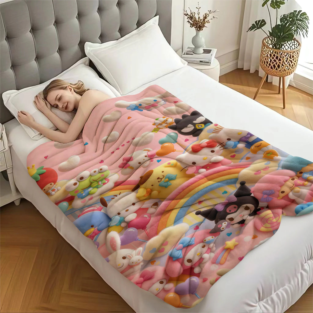 Cute Sanrio Characters Flannel Blanket Pink 3D Plush Rainbow Pattern Soft Plush Throw for Bed Sofa Hello Kitty Kuromi All Season