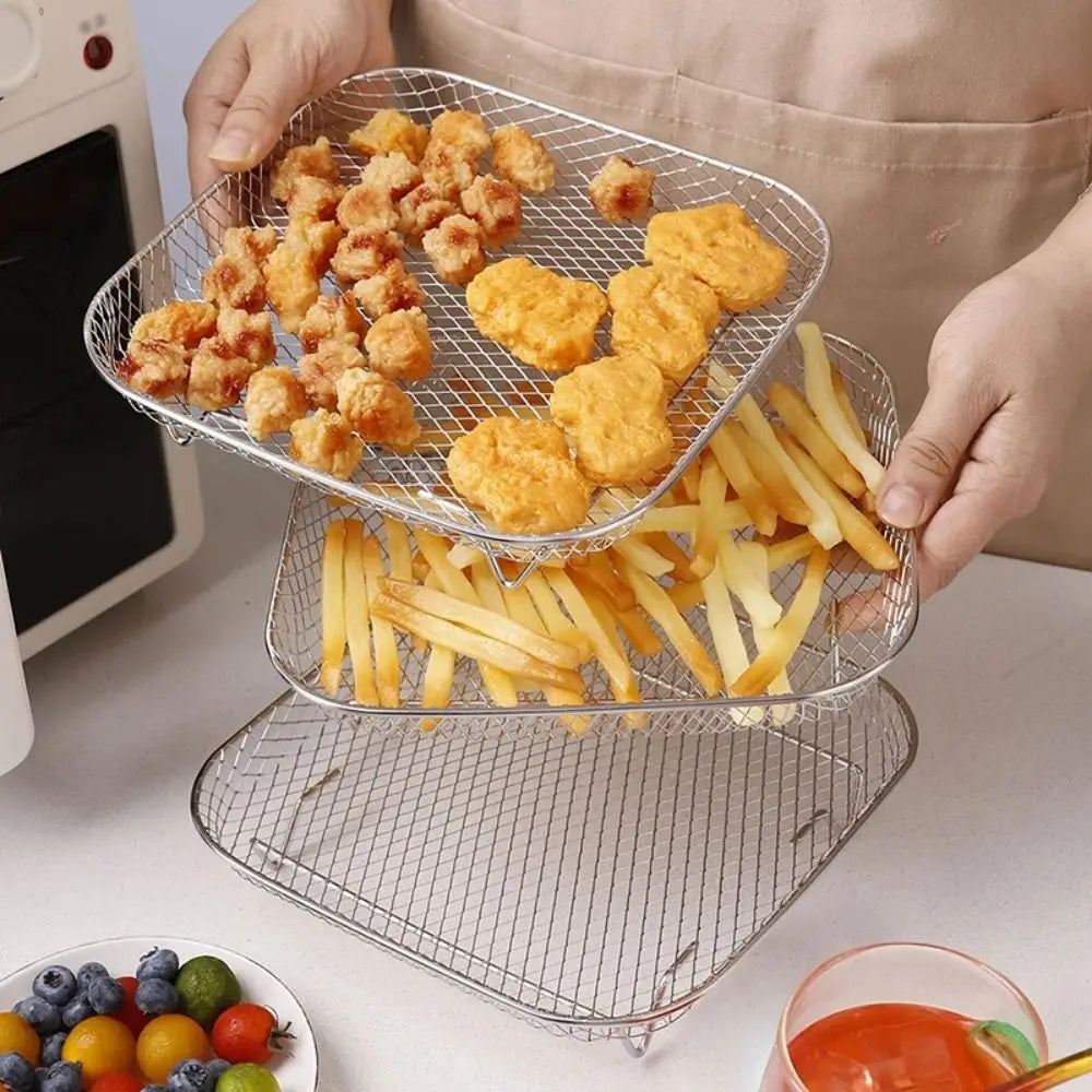 New Durable Stackable Air Fryer Rack Non-Stick Stainless Steel Airfryer Tray Grill Basket Kitchen Gadgets