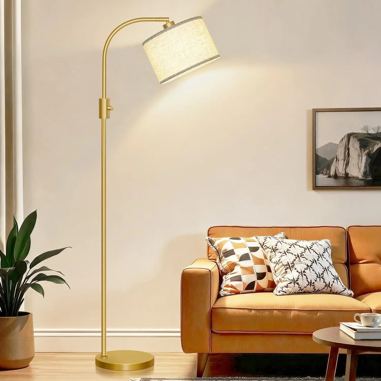 Modern Arc Dimmable Floor Lamp with Linen Shade, 1200 Lumens LED Bulb Included, Gold Finish for Living Room & Bedroom