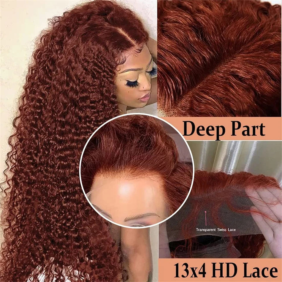 Reddish Brown HD Lace Frontal Human Hair Wig 200 Density Colored Curly Wigs 13x6 Transparent Lace Water Deep Wave Frontal Wig
