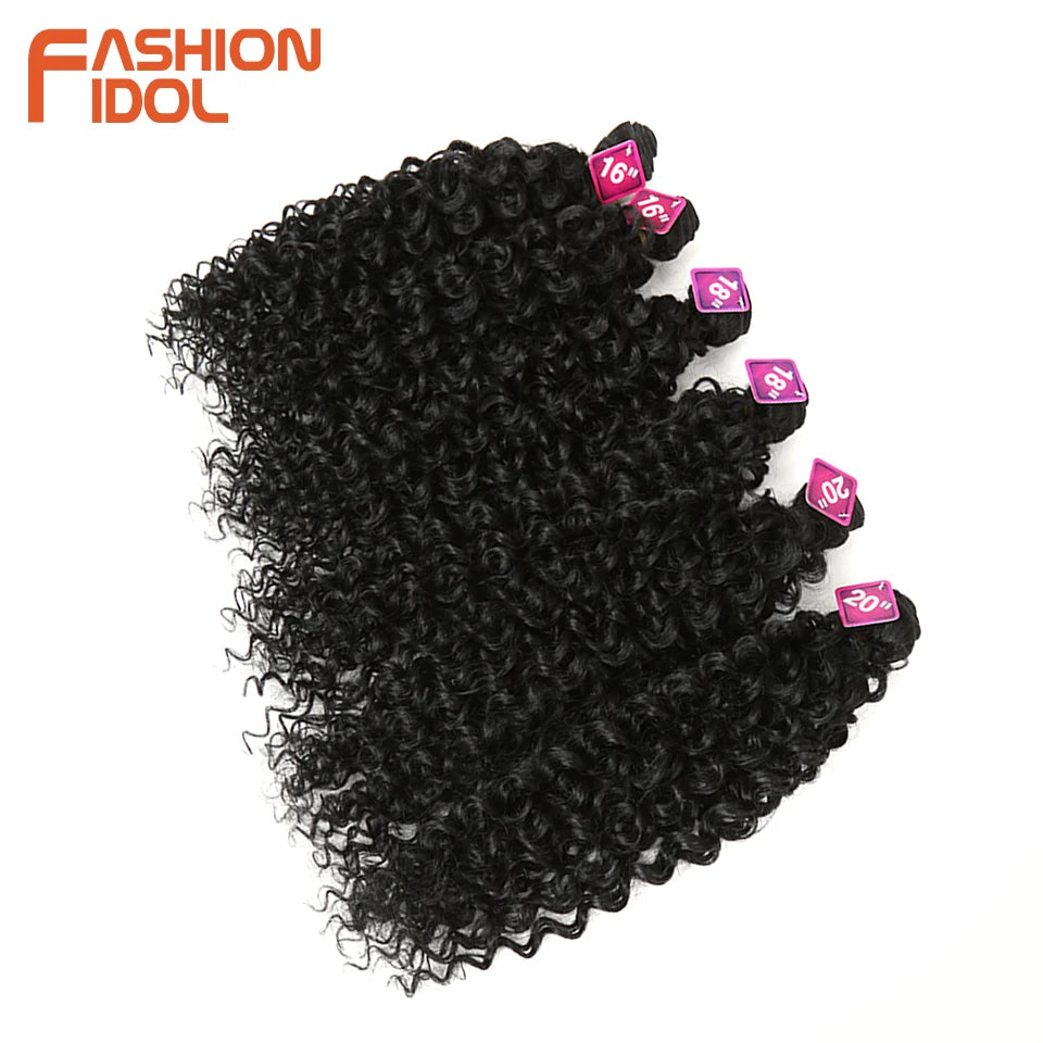 FASHION IDOL 16 18 20inch 240g/7pcs Afro Kinky Curly Hair Synthetic With Closure Ombre Color Kinky Curly Bundles Hair Extensions