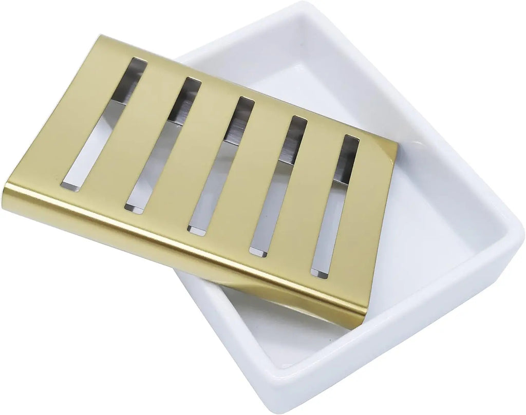 Double Layer Ceramic Soap Dish with Stainless Steel Holder for Shower and Bathroom Drainage