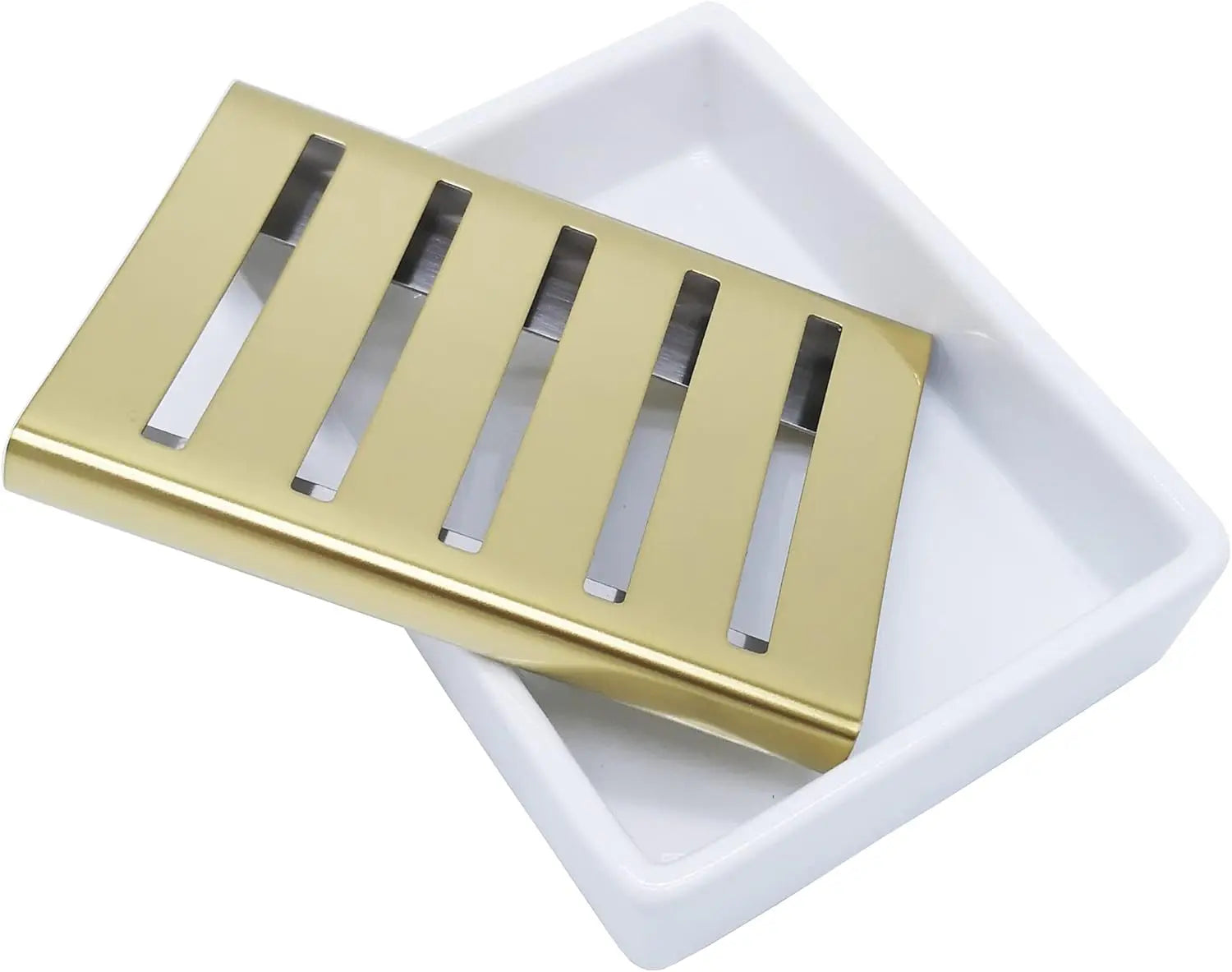 Double Layer Ceramic Soap Dish with Stainless Steel Holder for Shower and Bathroom Drainage