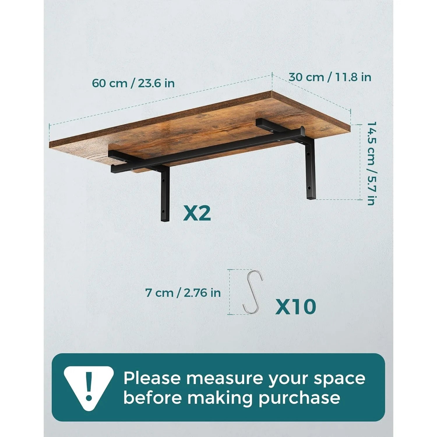 2 Pack Wooden 23.6'' Pot Pan Hanging Rack Wall Mounted with 10 S Hooks, Set of 2 Large Pot Wall Holder Kitchen Shelves.