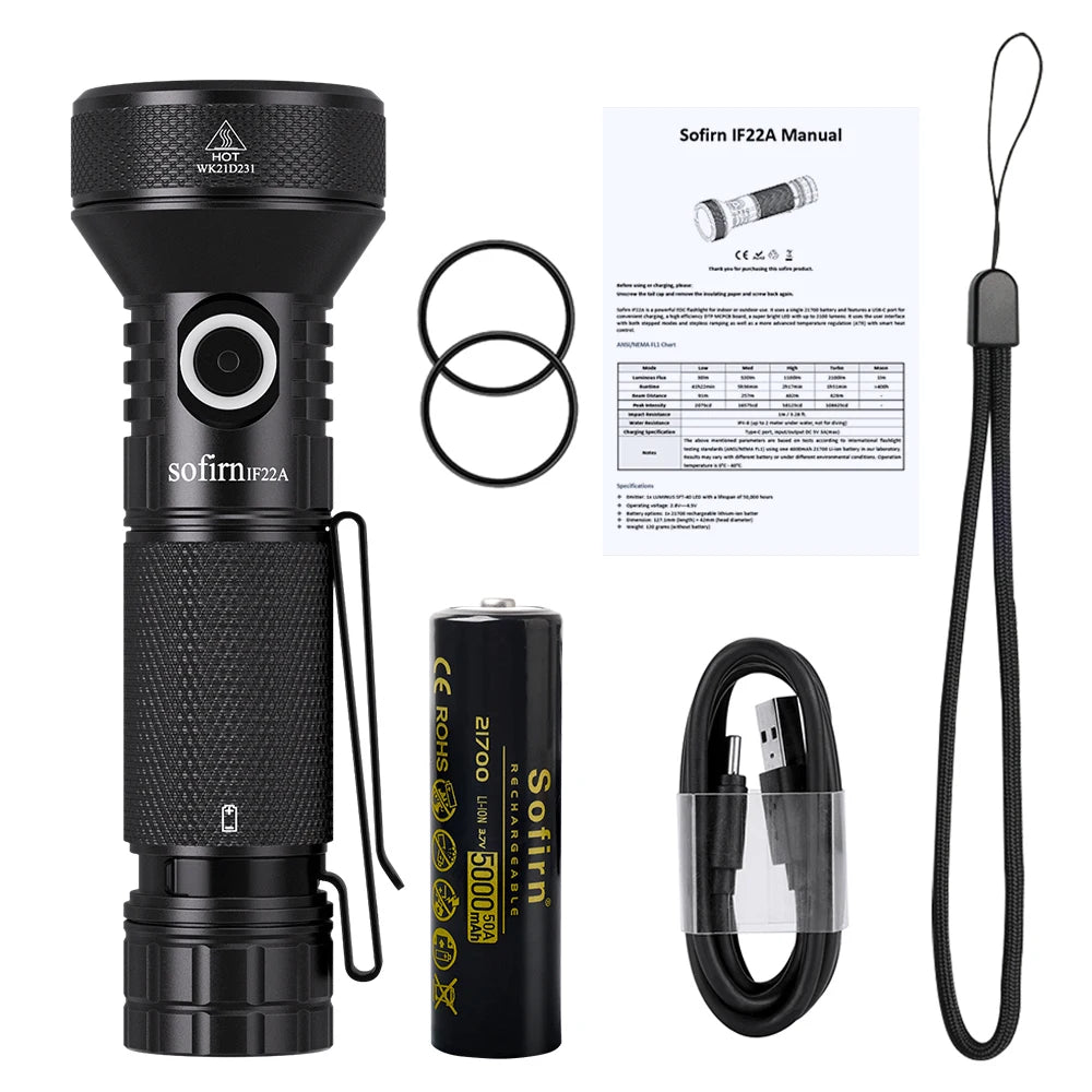 Sofirn IF22A 2100lm Flashlight 21700 Powerful Light SFT40 LED 629M Long Range USB C Rechargeable Charging  Throw Torch