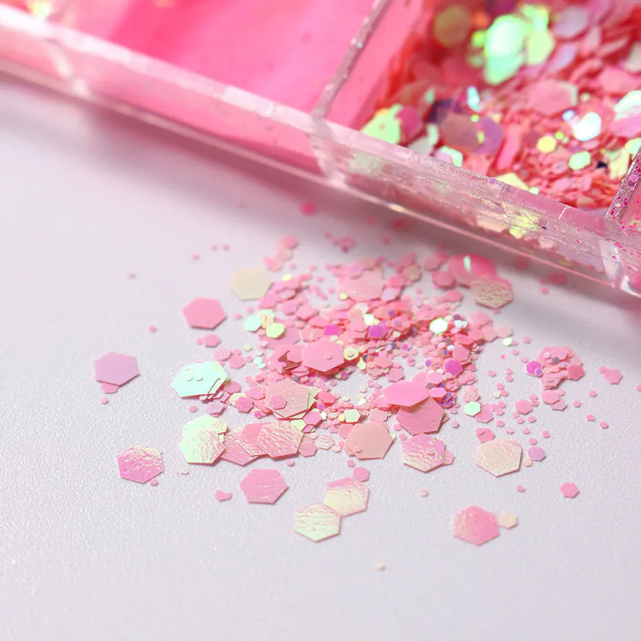12Grid Pink Glitter Nail Powder Mixed Holographic Hexagon Irregular Flakes Sliced Sparkly Crystal Sequins Pigment Manicure Decor