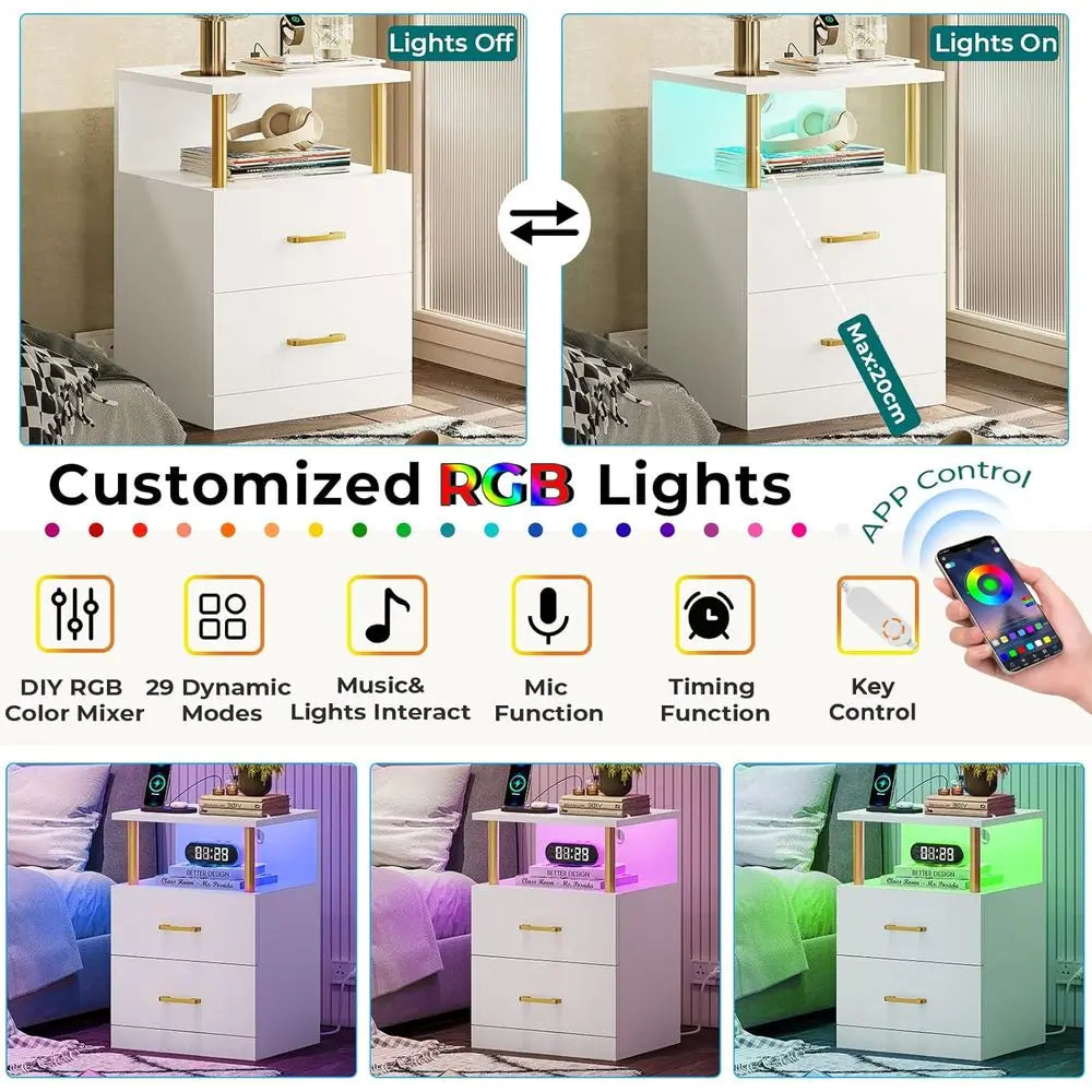 LED Night Stand with Charging Station and USB Ports, White Night Stand with 2 Drawers, Modern End Side Tables-Customized