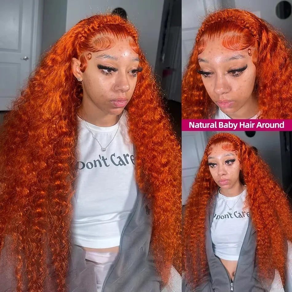 SIXQUEEN 30 34 Inch Ginger Orange Deep Wave 13x6 Lace Frontal Wig Human Hair Curly 350 Colored 13x4 Lace Front Wigs 260 Density