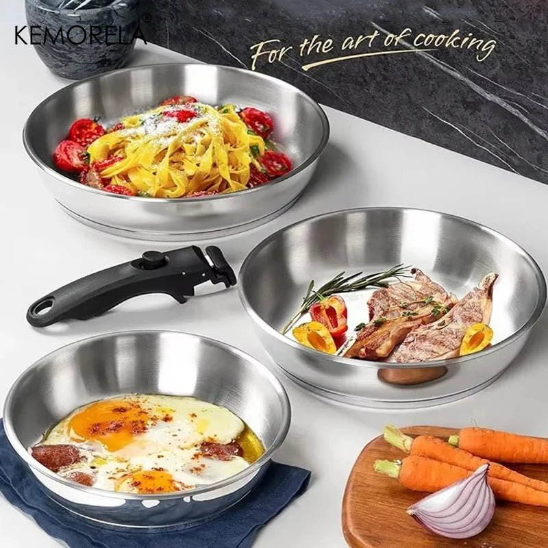 KEMORELA 316 Stainless Steel Frying Pan Set Cooking Pans with Removable Handle Triply Base Stainless Steel Pan Set Gas Stove
