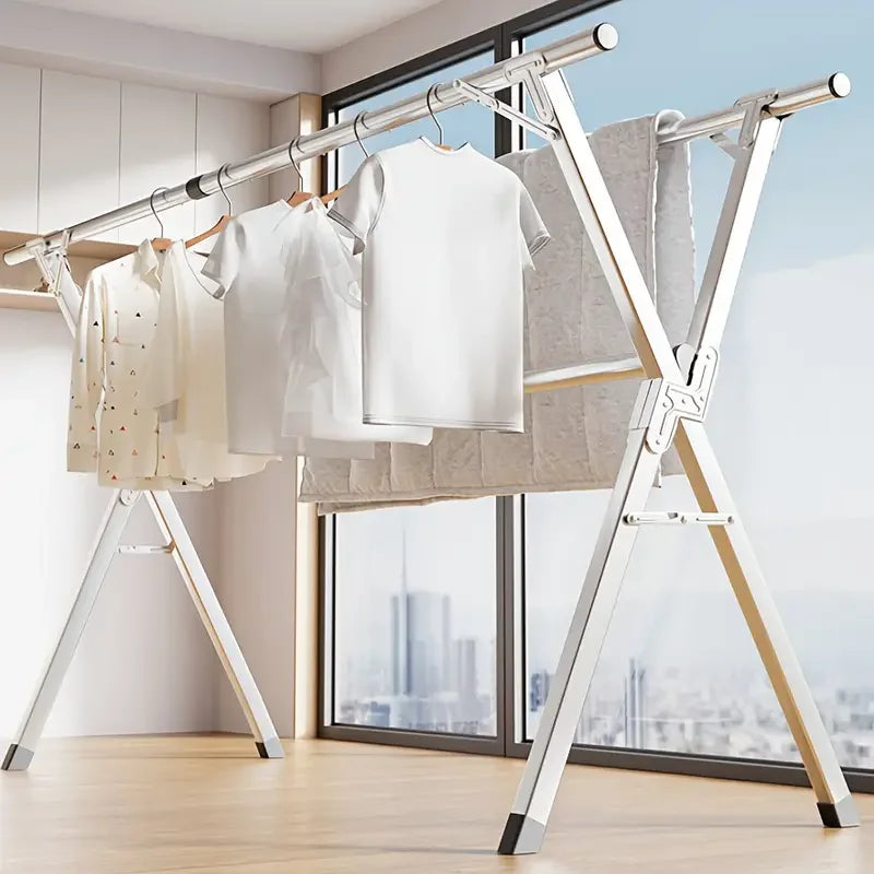 Folding Metal Drying Rack with 20 Hooks, Retractable Large Capacity X-Frame for Indoor & Outdoor Laundry Use