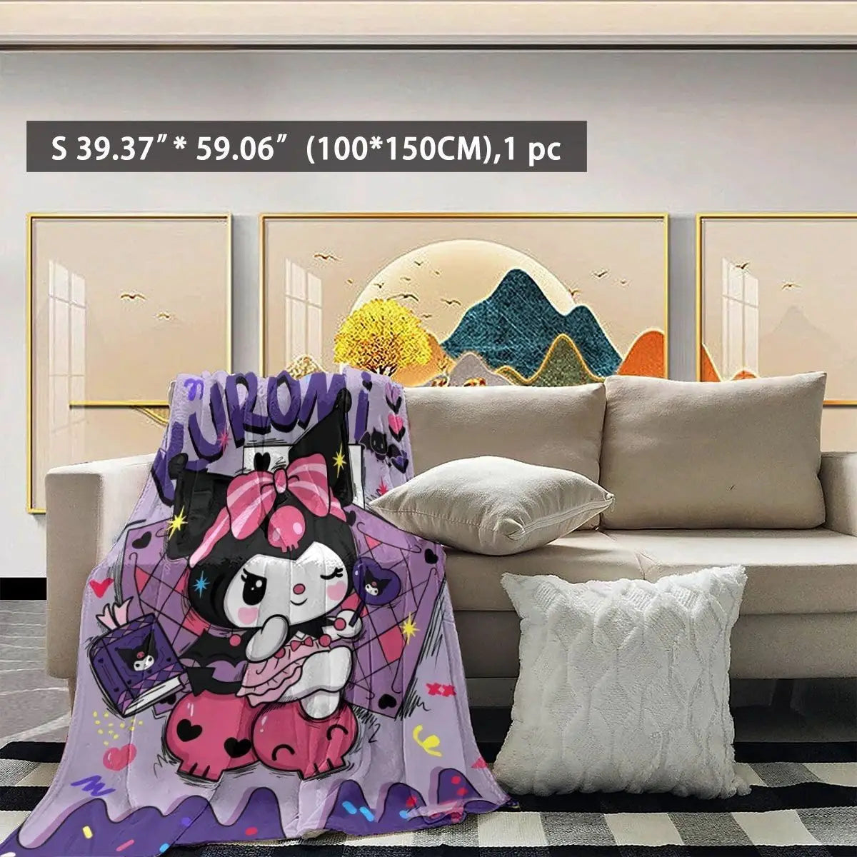 Kuromi Pink Flame Trendy Blanket Edgy-style fleece throw bold for sofas Cozy warm decor gift with flame-patterned Kuromi design