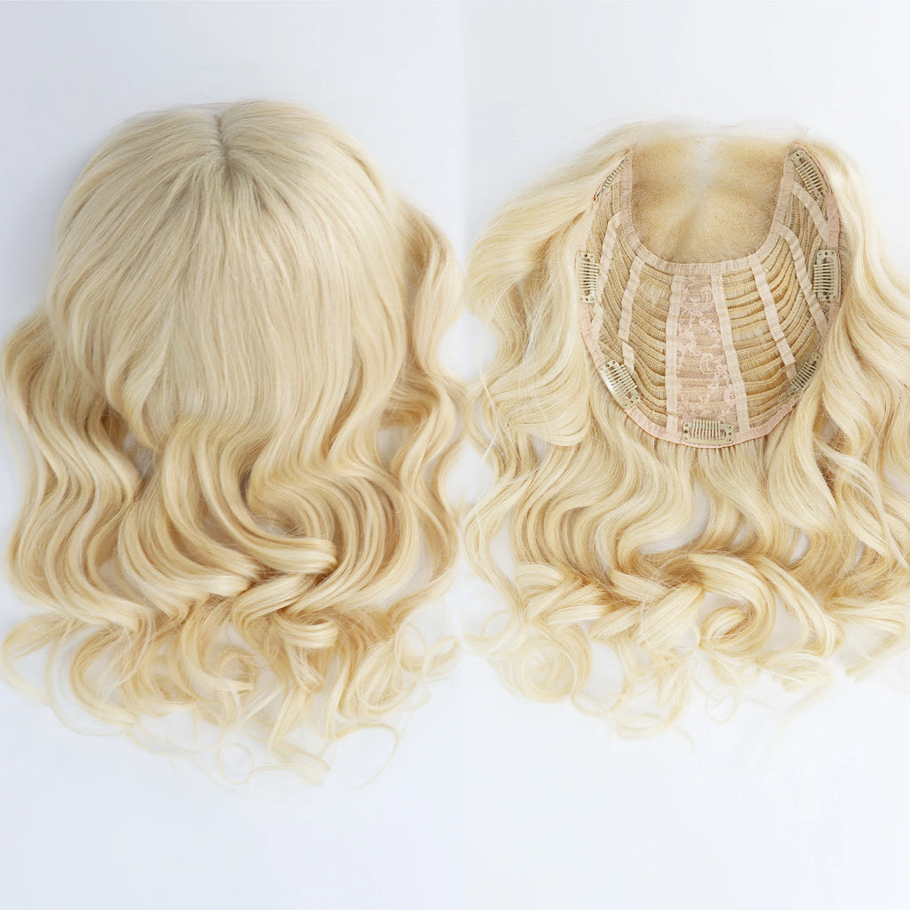 4x4inch Lace Topper with Open Weft 20" Natural Wave Real Remy Human Hair Toupee for Women #613 Light Blonde Natural Soft Scalp