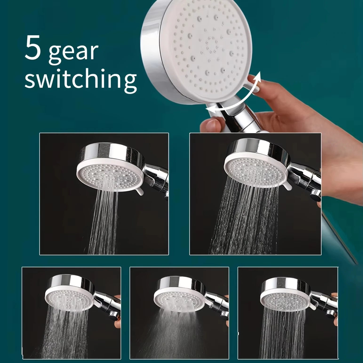 3pcs Silver Bathroom Shower Head 5 Gear Adjustable High Pressure Water Saving Shower Stop Switch With Hose And Holder Bathroom