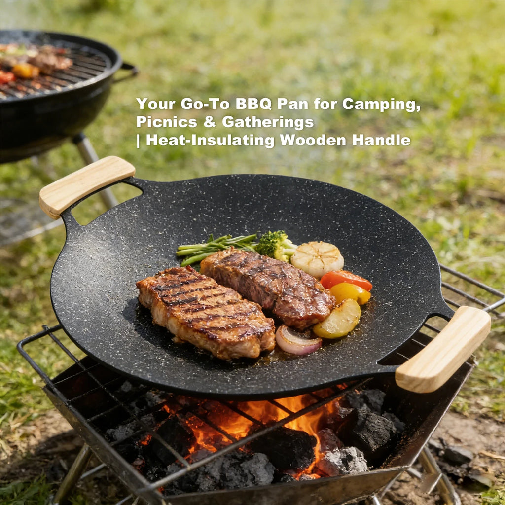 Korean Style Maifan Stone Non-Stick BBQ Grill Pan 12.6 Inch, Smoke-Free, Heat-Resistant Handle, Oil Drip Channel, Compatible wit