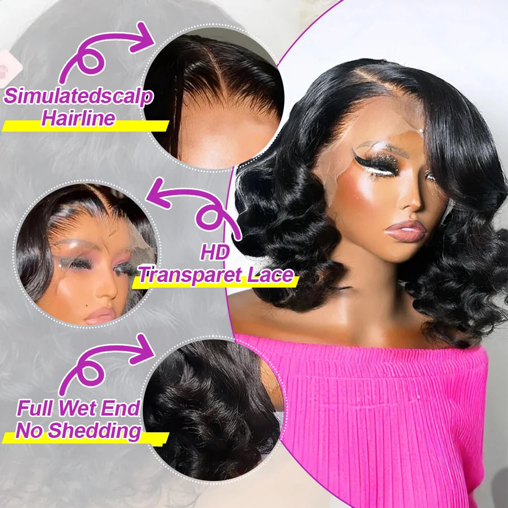 Wavy Glueless HD Lace Frontal Wig For Women Pre Plucked 250% Body Wave 13x6 Transparent Lace Front Human Hair Short Bob Wigs