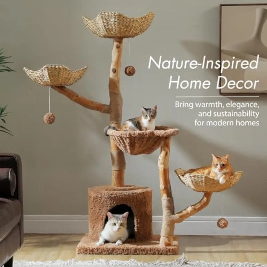 Large Cat Tree for Indoor Cats 59 Inches Modern Furniture with 3 Large Baskets Natural Solid Wood Luxury Condo and Hammock Brow