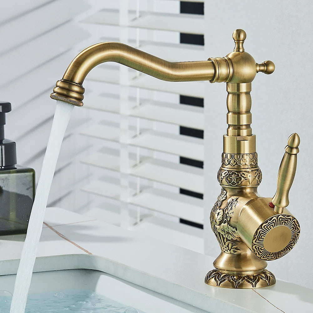 Basin Faucets Antique Brass Faucet Basin Carving Tap Rotation Single Handle Tap Mixer Taps Bathroom Vessel Sink Faucet