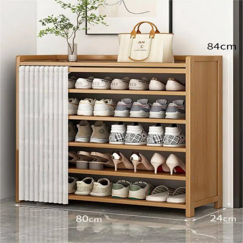 6-Tier Shoes Racks Organizer with White Gauze Curtain Wooden Cabinet Organizer for Entryway Hallway Bedroom Closet Living Room