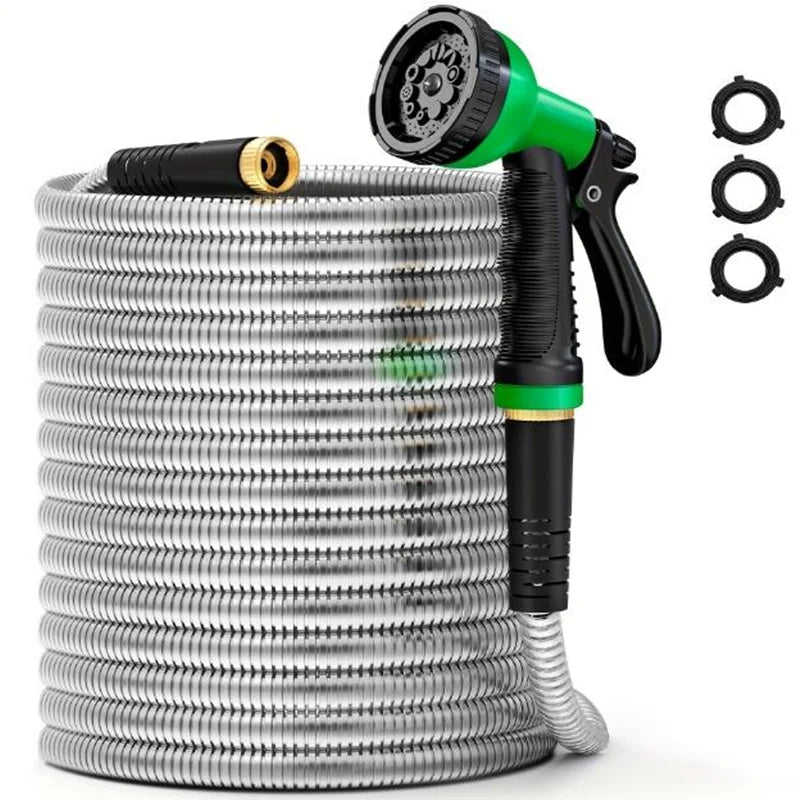 50FT Stainless Steel Garden Hose with Sprayer Nozzle Heavy Duty Kink Free Anti-Rust 5/8" Diameter Garden Hose Plants Cars Pets