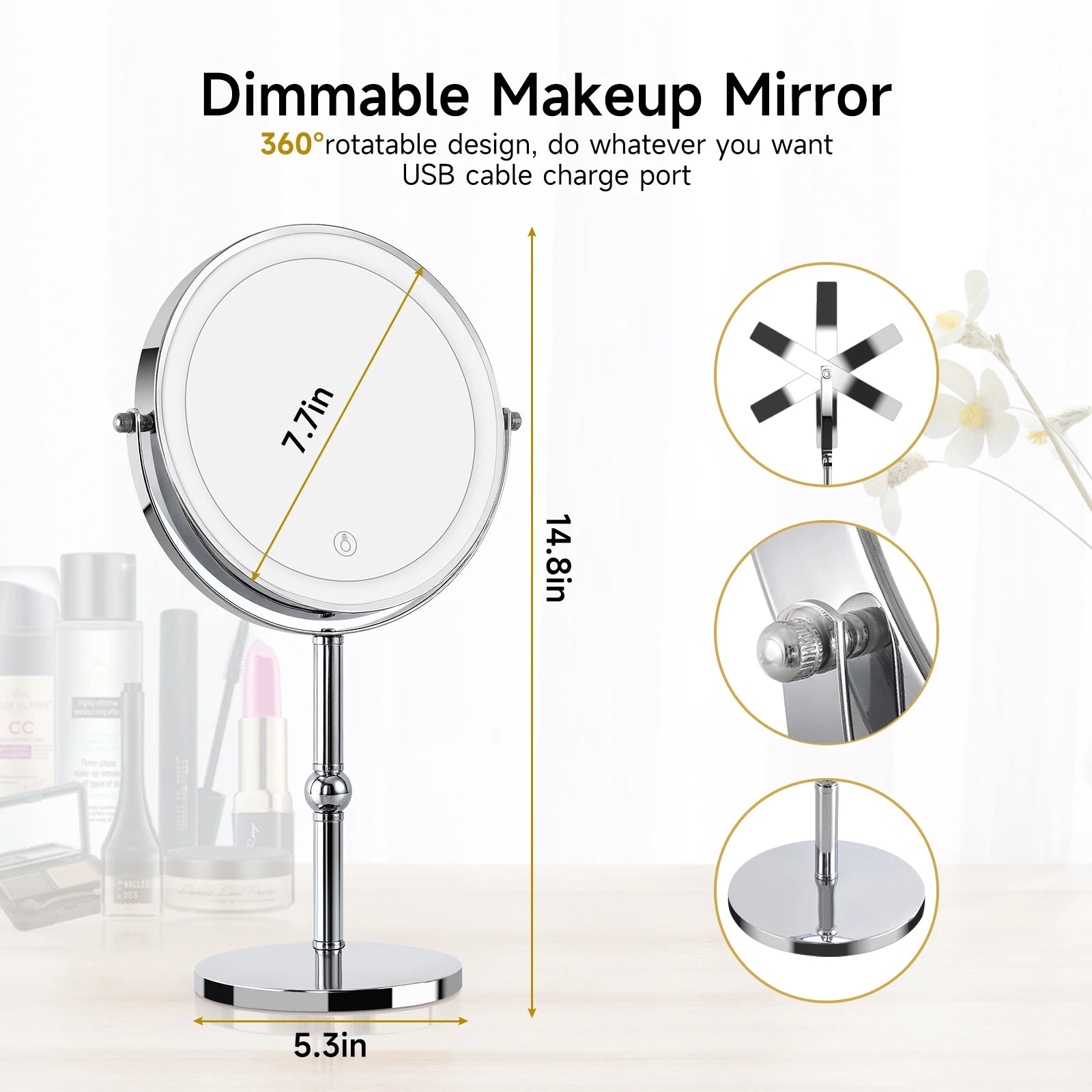 Lighted Makeup Mirror with Brighter Lights,1x/10xTrue HD Magnifying Tabletop Vanity Mirror with Touch Control, 360°Rechargeable