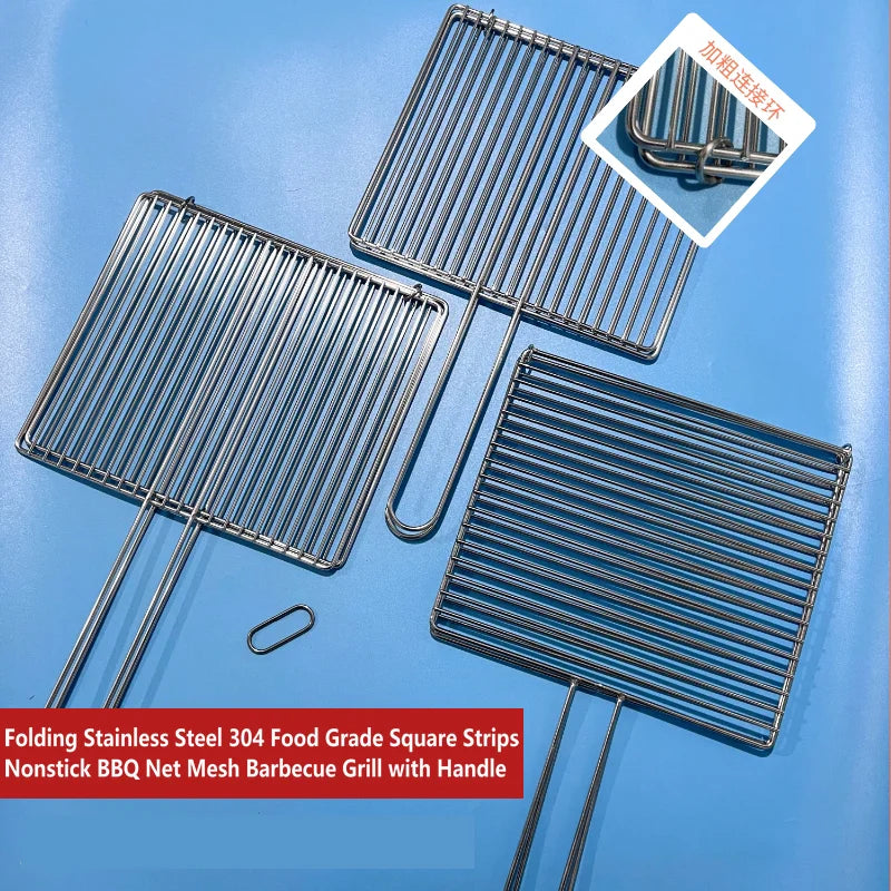 Folding Stainless Steel 304 Food Grade Square Strips Nonstick BBQ Net Mesh Barbecue Grill with Handle for Fish Wings Vegetable
