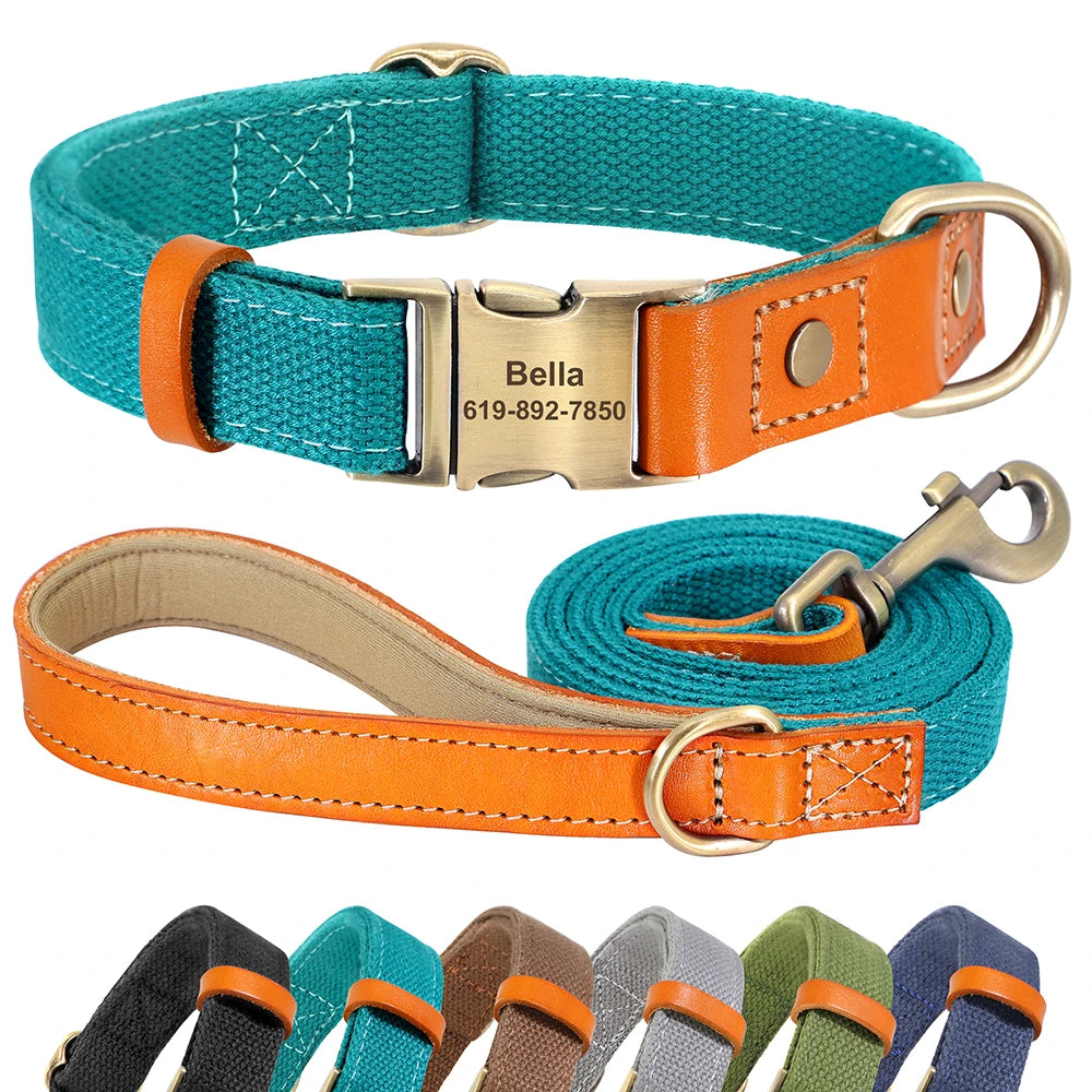 Personalized Dog Collar Leash Set Nylon Leather Dogs Necklace Customized Pet ID Tag Collars 5ft Walking Lead Rope For Dogs Pug