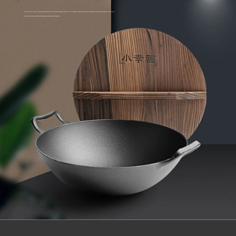 Traditional Thickened Double Ear Cast Iron Pot with Old-style round Bottom Large Household Non-coated Non-stick Raw Iron Pan