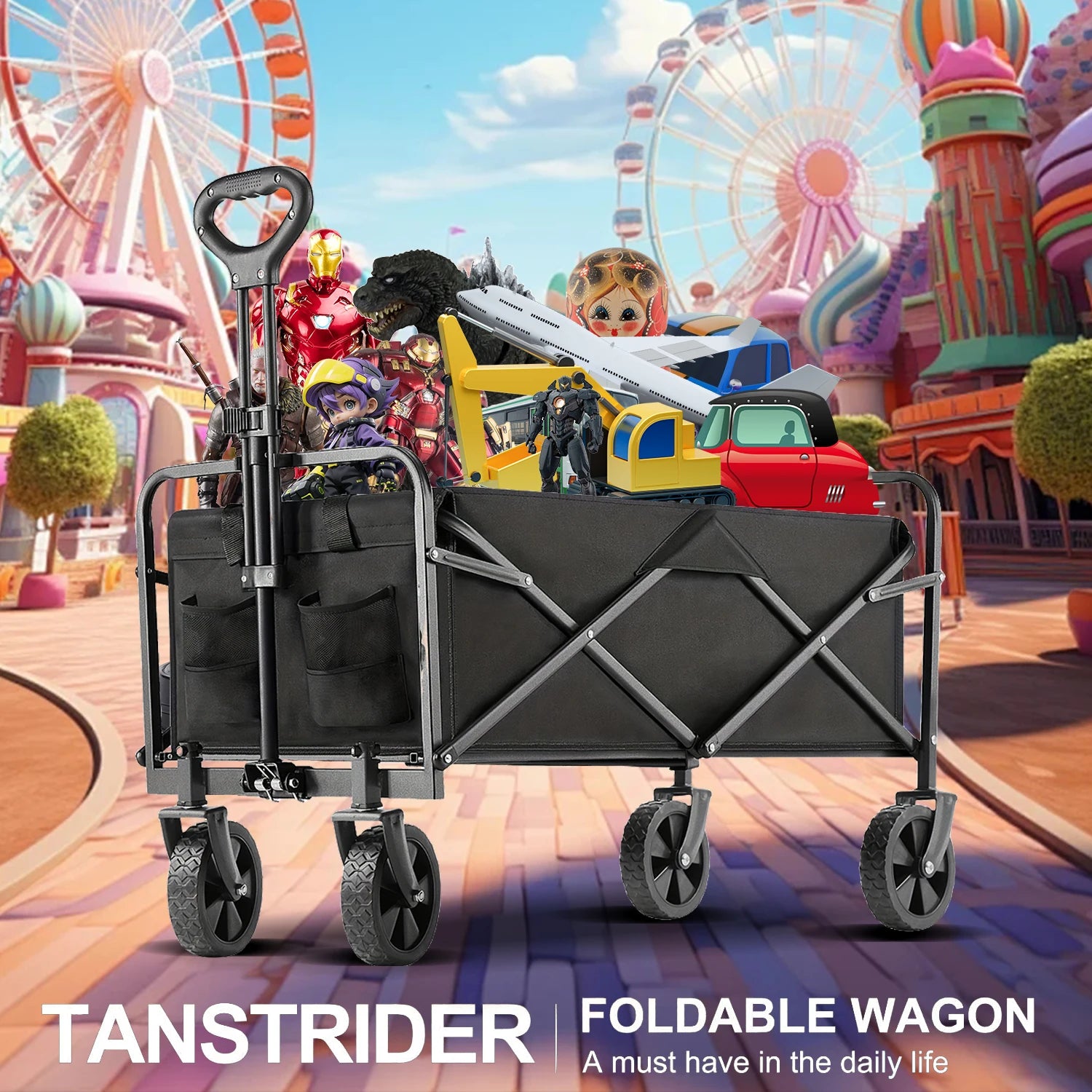 Foldable cart, Foldable trailer on wheels, Foldable trailer, Large capacity portable trailer, For shopping, sports, camping, gar