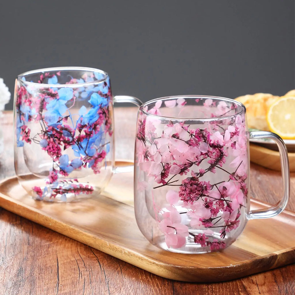 450ml Double Wall Glass Coffee Mugs Clear Glass Cups with Handle Dried Flower Design Mug for Tea Milk Latte Home Office Gift