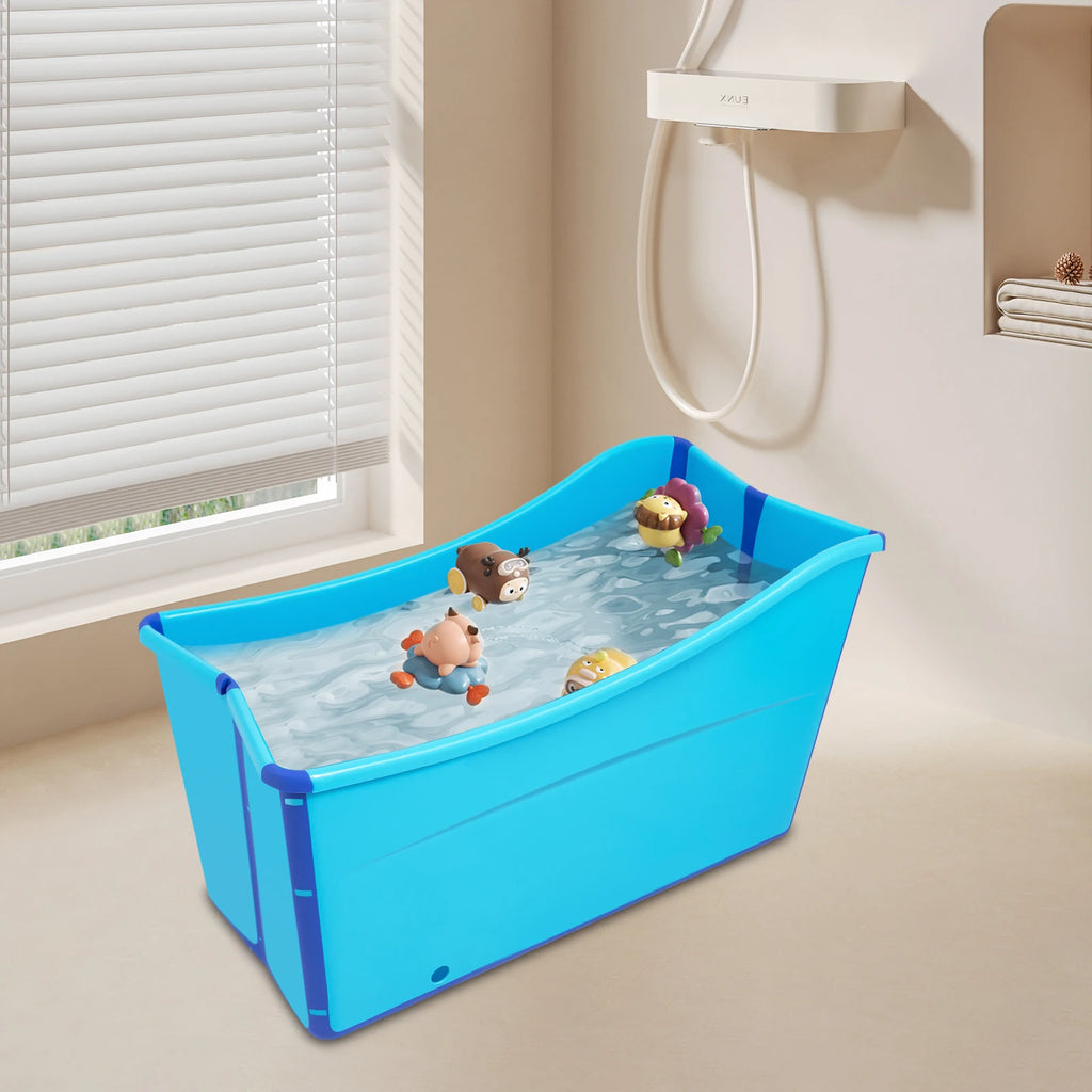 Folding PP TPE Bathtub Blue Floor Standing Rectangular Adult Bath Tub Thickened Side for Kids and Adults Below 5.3ft Tall
